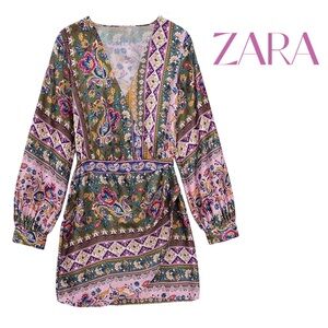 Zara Vibrant Purple/Pink Satin Effect Dress Bohemian Mini Dress Sz S NWOT